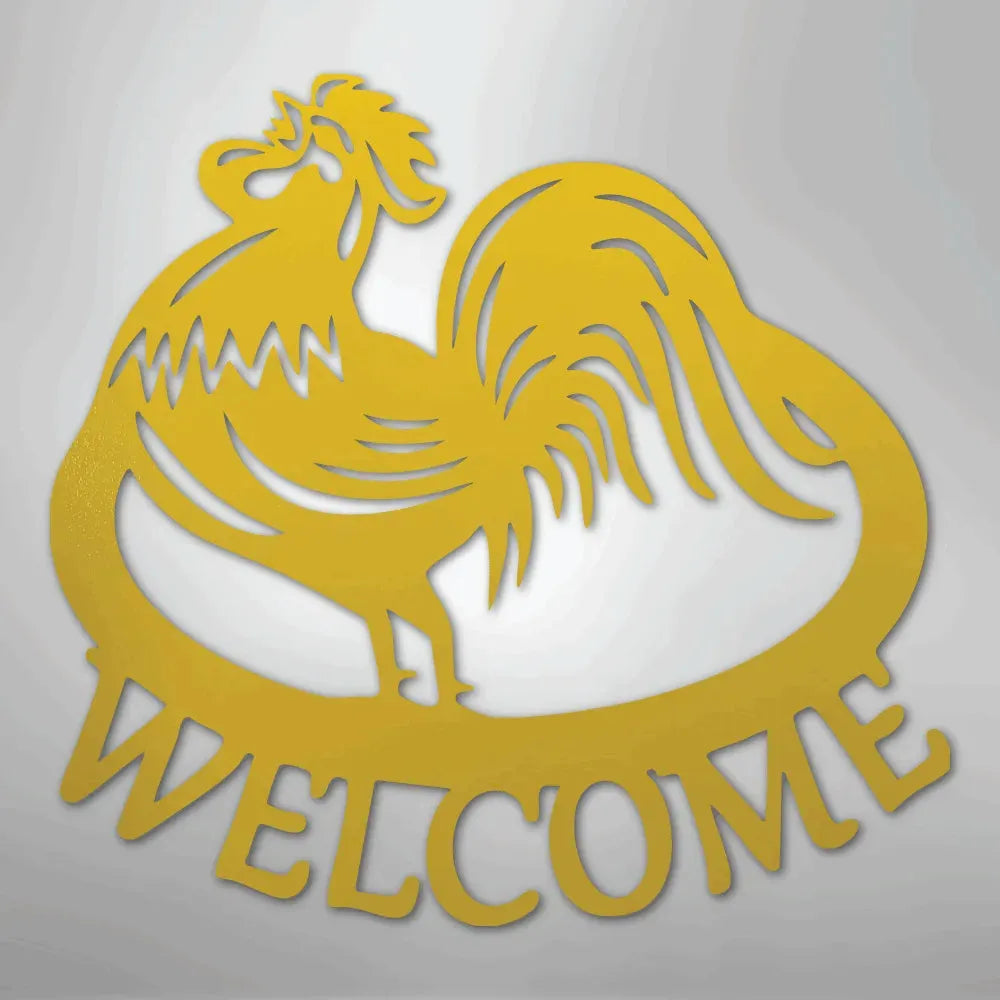 Gold metal rooster wall art with "WELCOME" text, durable for indoor/outdoor decor.