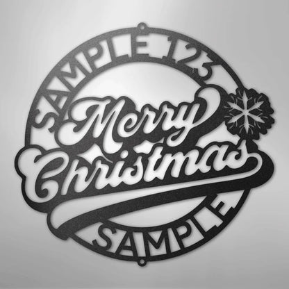 Black metal "Merry Christmas" ring wall art with a snowflake and customizable text.