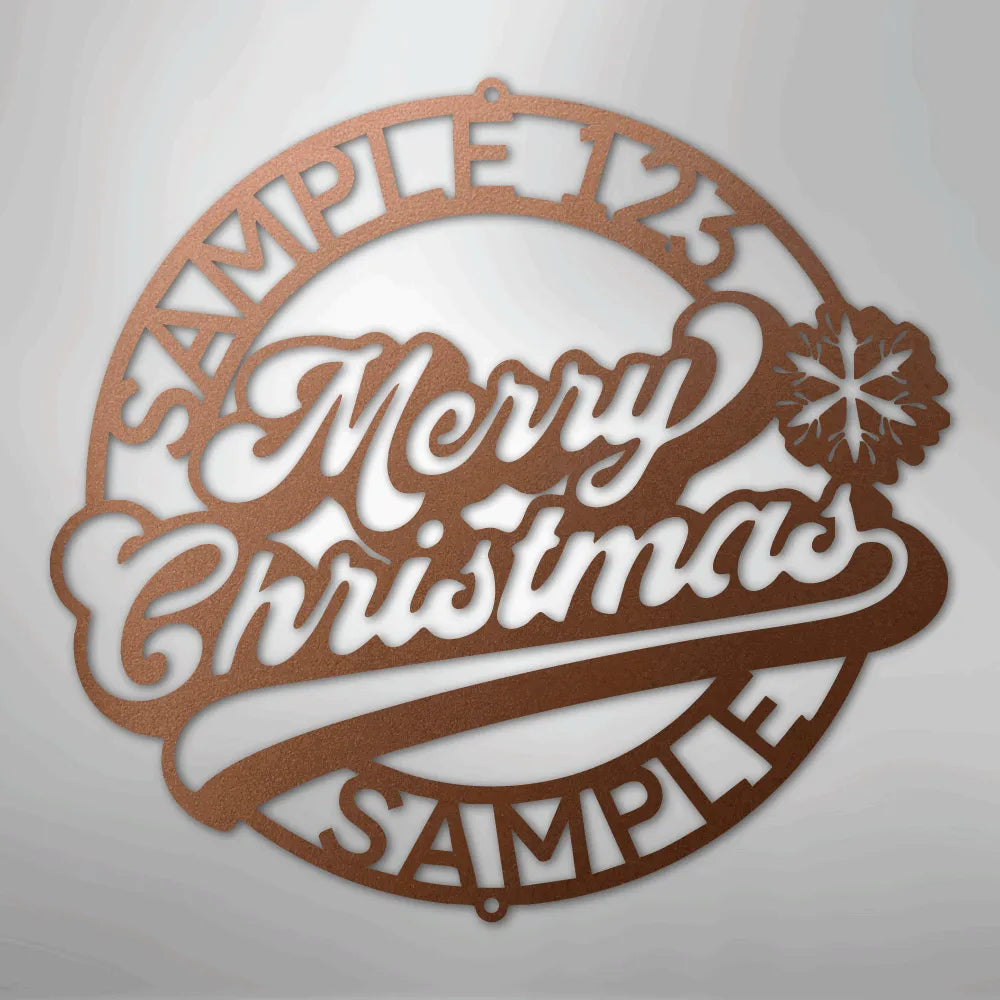Copper metal Christmas ring wall art with "Merry Christmas" and customizable text.
