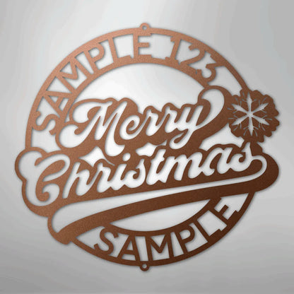 Copper metal Christmas ring wall art with "Merry Christmas" and customizable text.