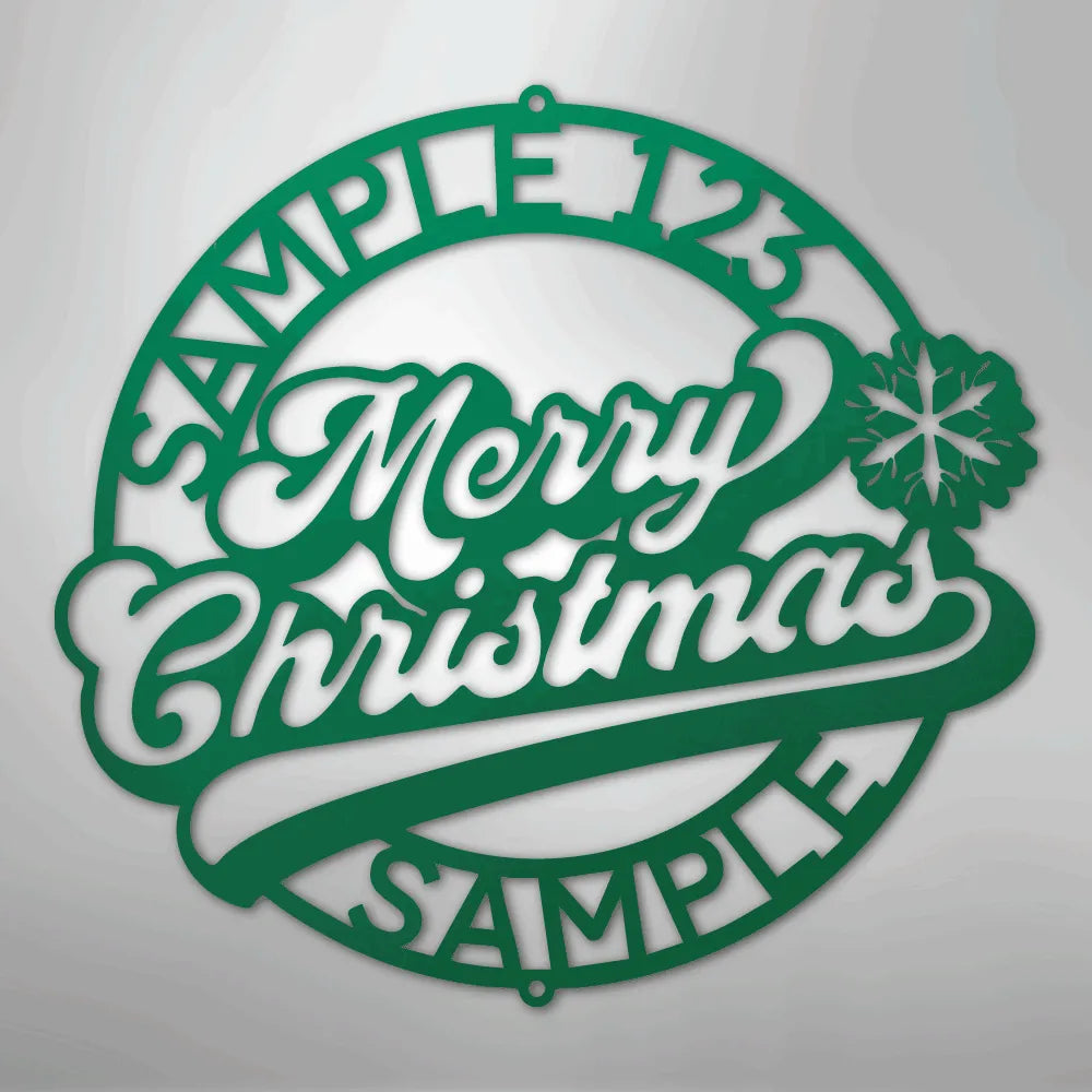 Green metal Christmas ring wall art with "Merry Christmas" script, snowflake, and customizable text.
