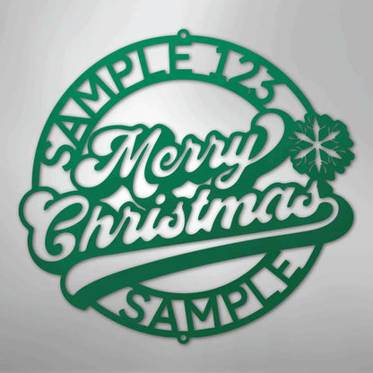 Green metal Christmas ring wall art with "Merry Christmas" script, snowflake, and customizable text.