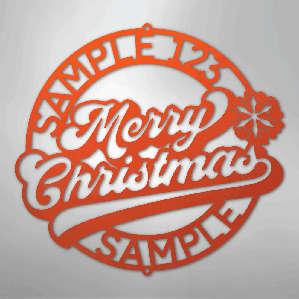 Red metal "Merry Christmas" ring wall art with snowflake and customizable text.