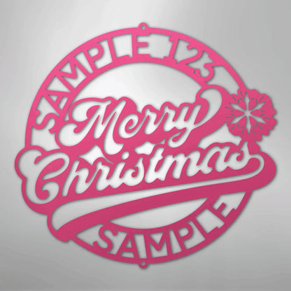 Pink metal Christmas ring wall art with "Merry Christmas," snowflake, and customizable text.