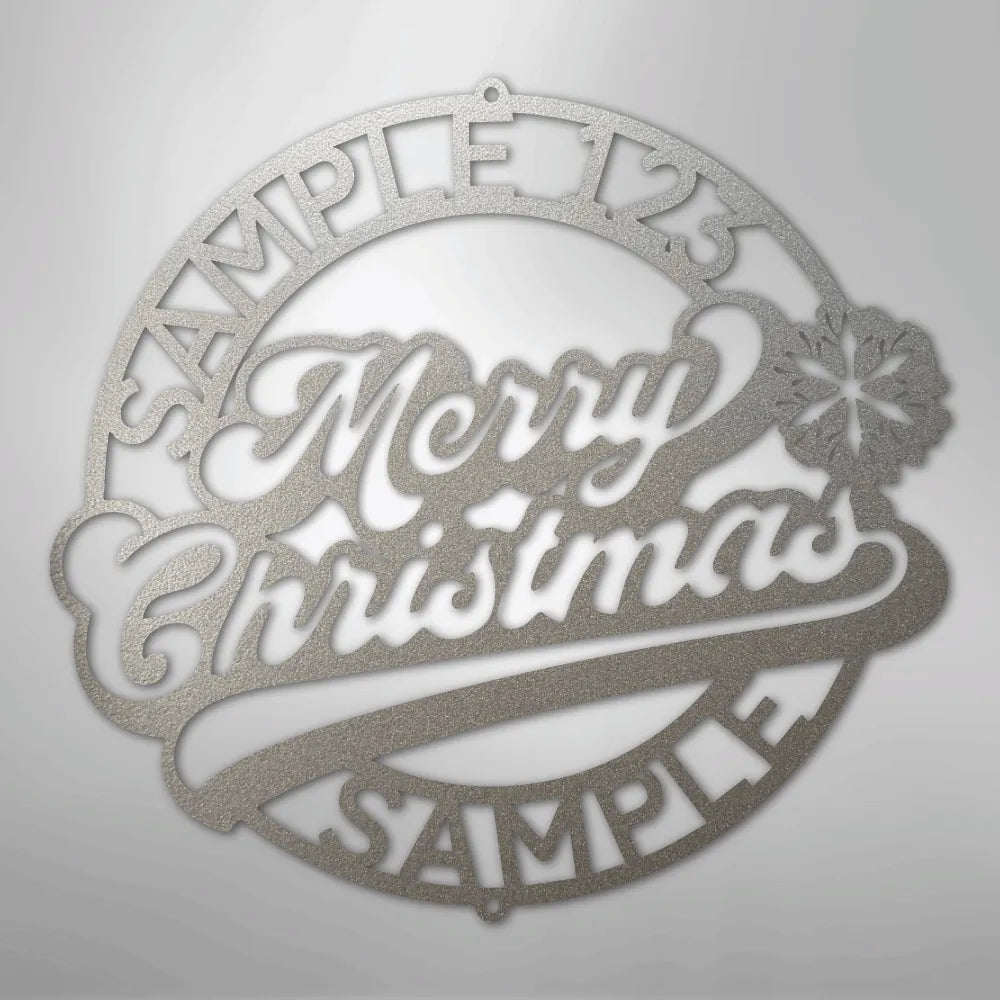 Silver metal Christmas ring wall art with "Merry Christmas" and customizable text.