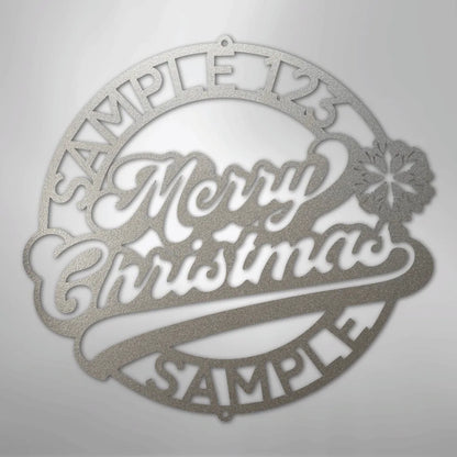 Silver metal Christmas ring wall art with "Merry Christmas" and customizable text.