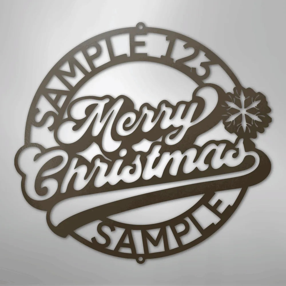 Brown metal Christmas ring wall art with "Merry Christmas" and customizable text.