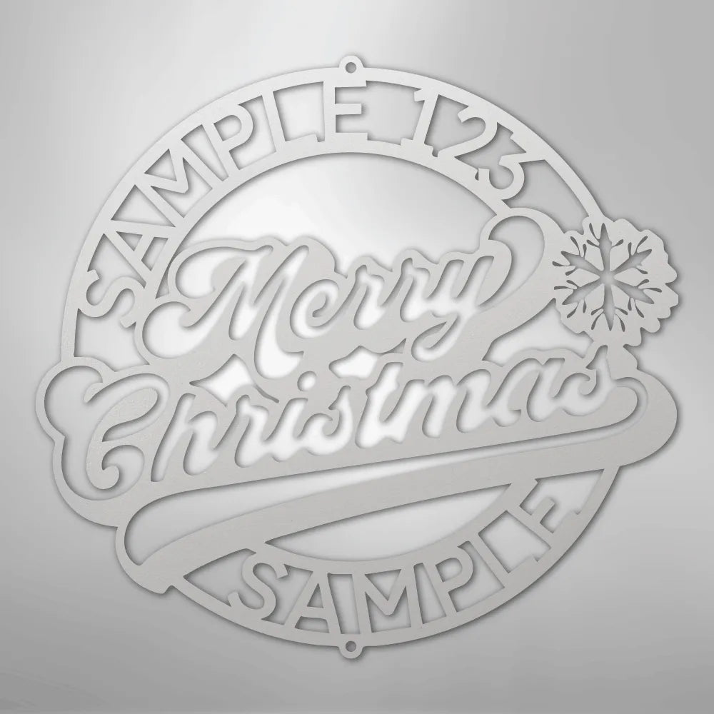 White metal Christmas ring wall art with "Merry Christmas" script, snowflake, and customizable text.