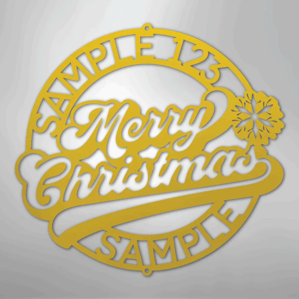 Gold metal Christmas ring wall art with "Merry Christmas" script and snowflake.