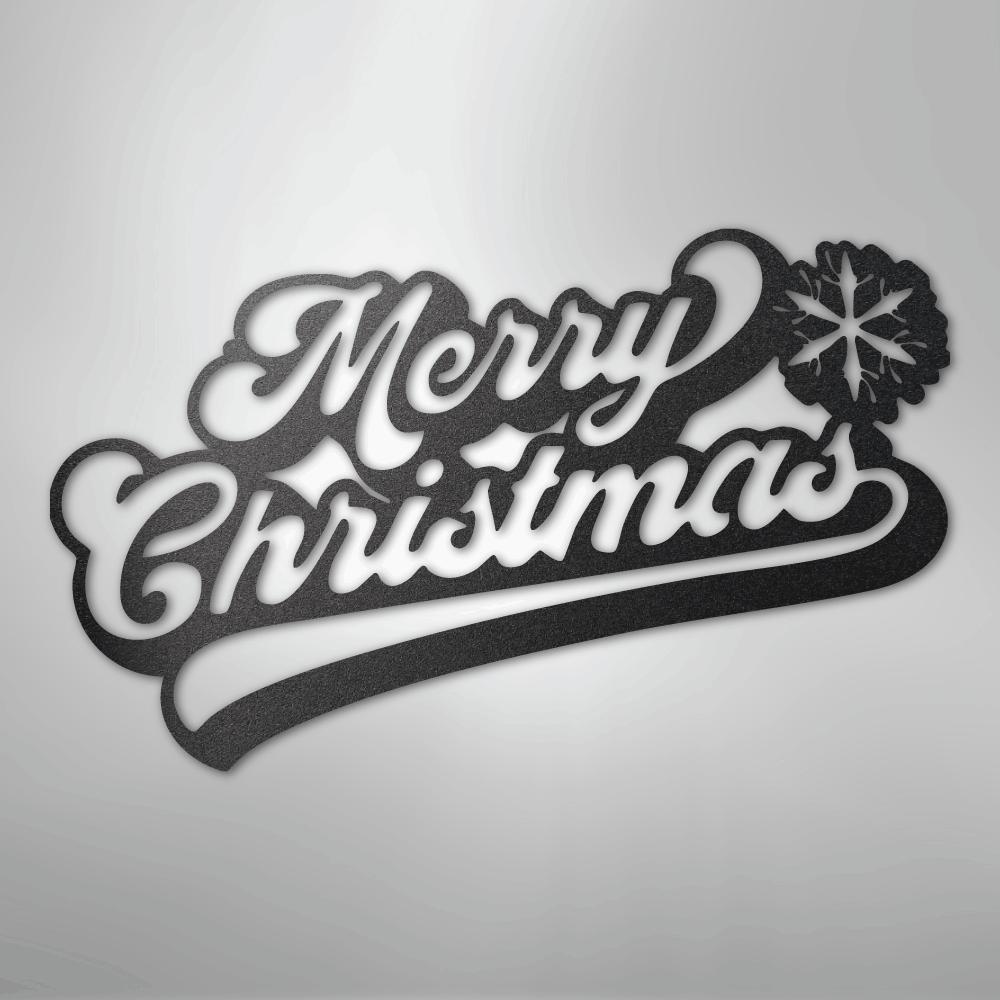 Black metal "Merry Christmas" wall art with a snowflake design.