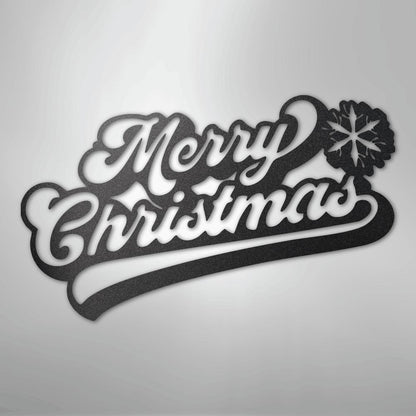 Black metal "Merry Christmas" wall art with a snowflake design.