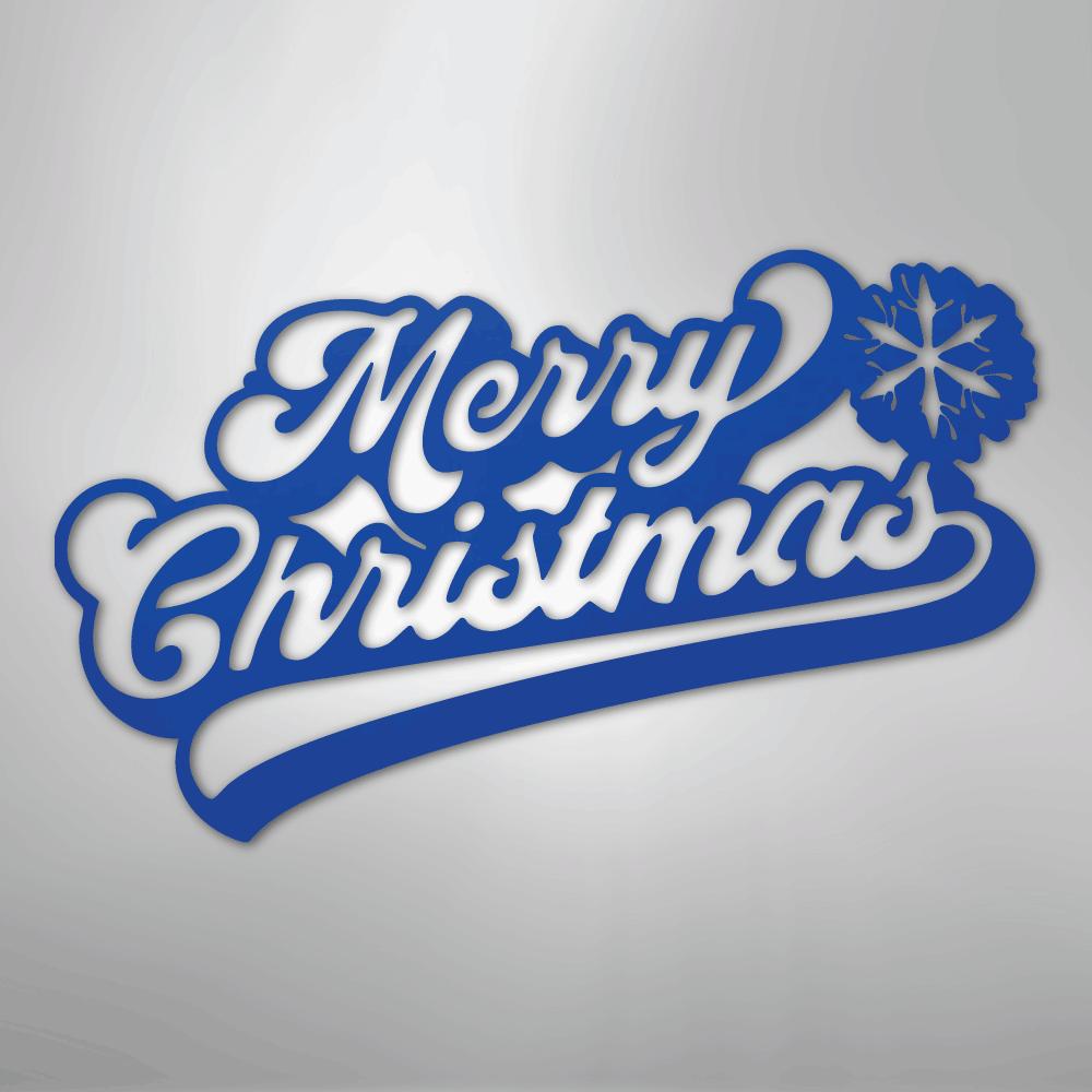 Blue "Merry Christmas" metal wall art with a snowflake design.