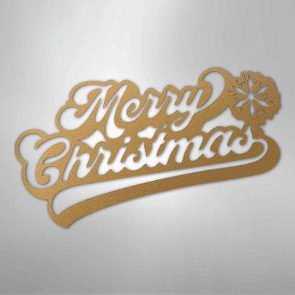Gold metal "Merry Christmas" wall art with a snowflake design.