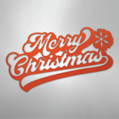 Red metal "Merry Christmas" wall art with a snowflake design.