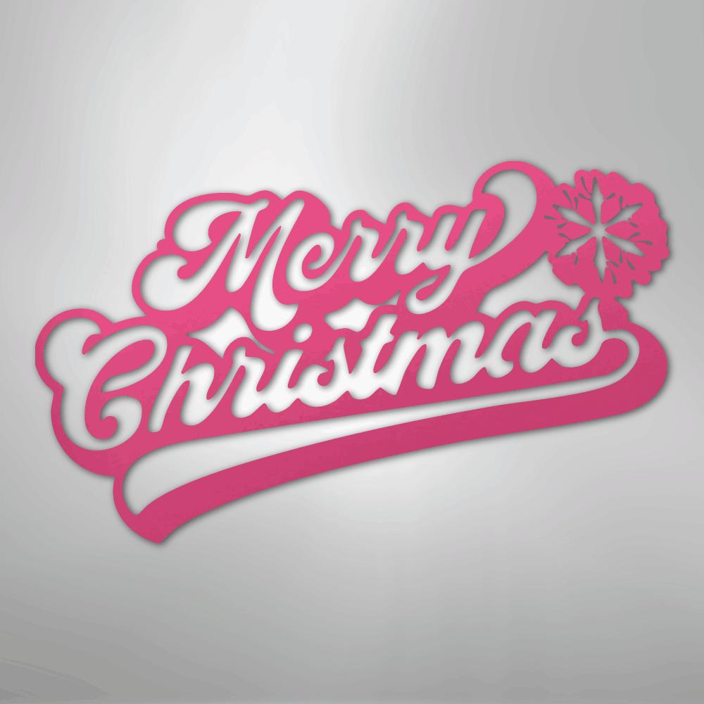 Pink metal "Merry Christmas" wall art with a snowflake design.