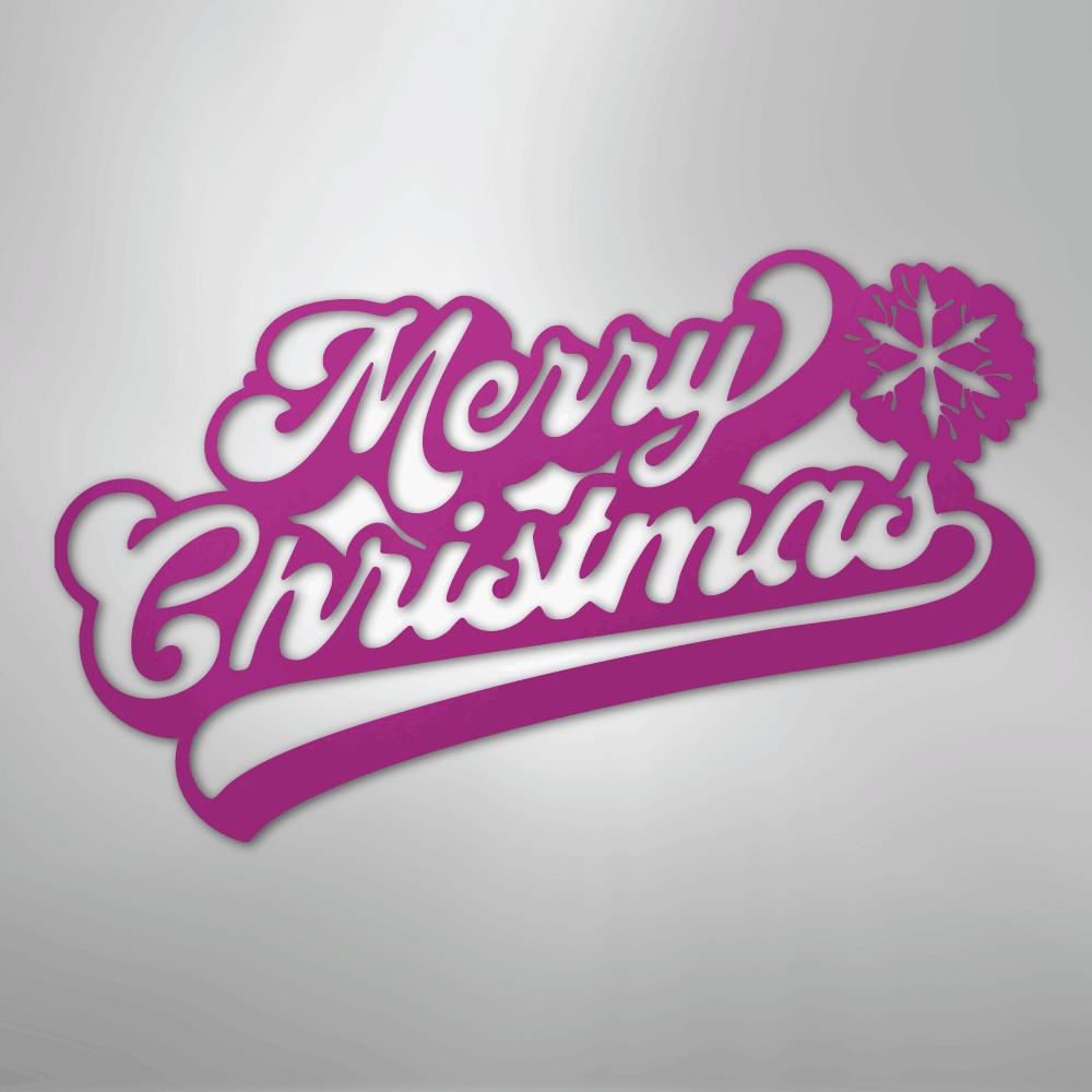 Purple "Merry Christmas" metal wall art with a snowflake design.