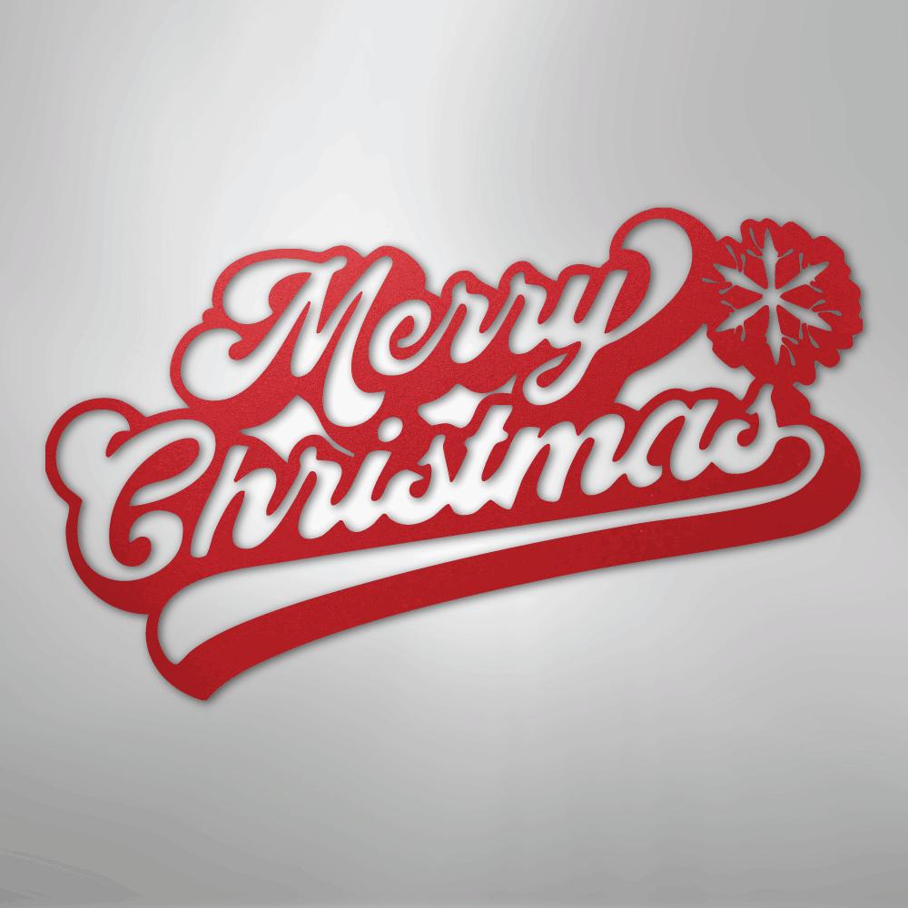 Red metal "Merry Christmas" wall art with a snowflake design.