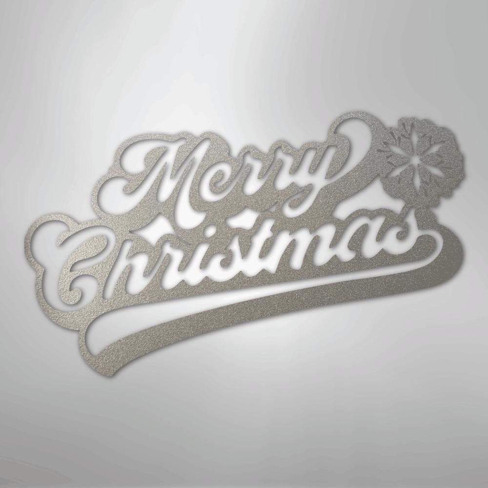 Silver glitter "Merry Christmas" metal wall art with a snowflake accent.