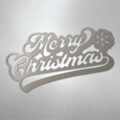 Silver glitter "Merry Christmas" metal wall art with a snowflake accent.