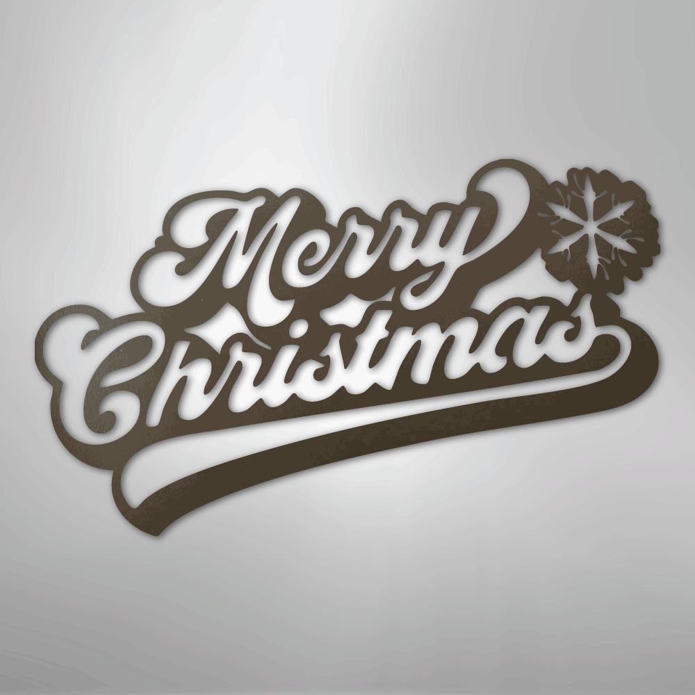 Brown metal "Merry Christmas" wall art with a snowflake design.