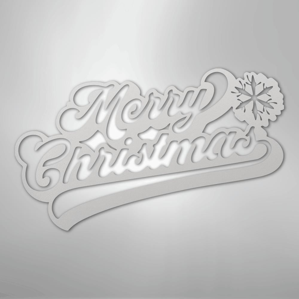 White "Merry Christmas" metal wall art with a snowflake design.