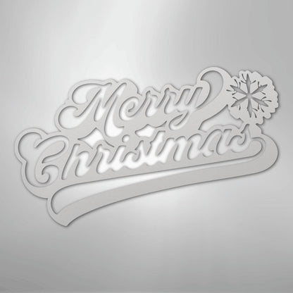 White "Merry Christmas" metal wall art with a snowflake design.