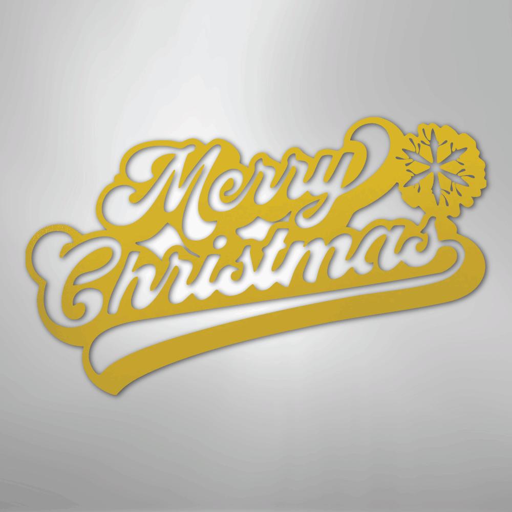 Gold "Merry Christmas" metal wall art with a snowflake accent.