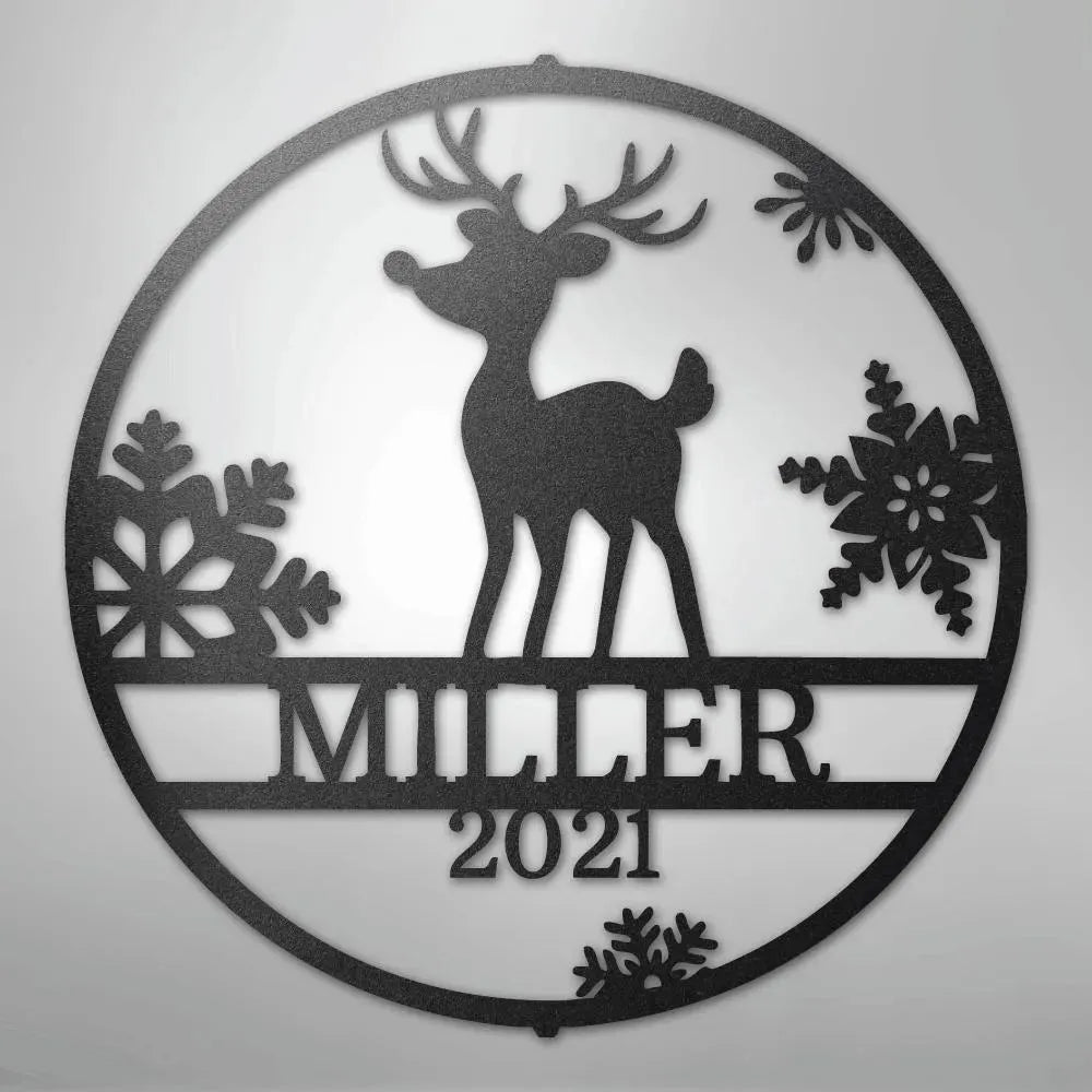 Black metal Rudolph deer and snowflake wall art with "MILLER 2021" custom text.