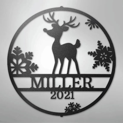 Black metal Rudolph deer and snowflake wall art with "MILLER 2021" custom text.