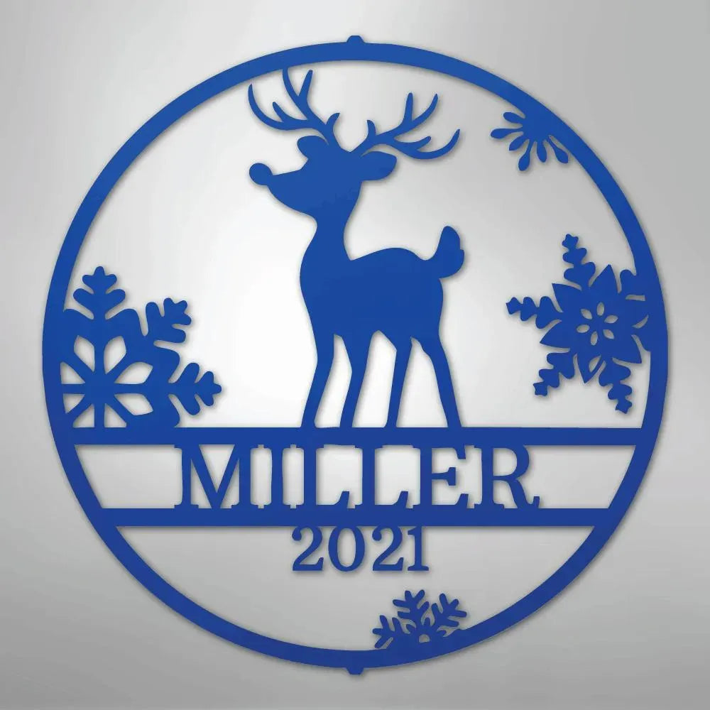 Blue metal Rudolph reindeer and snowflake wall art with "MILLER 2021" custom text.
