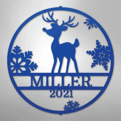 Blue metal Rudolph reindeer and snowflake wall art with "MILLER 2021" custom text.