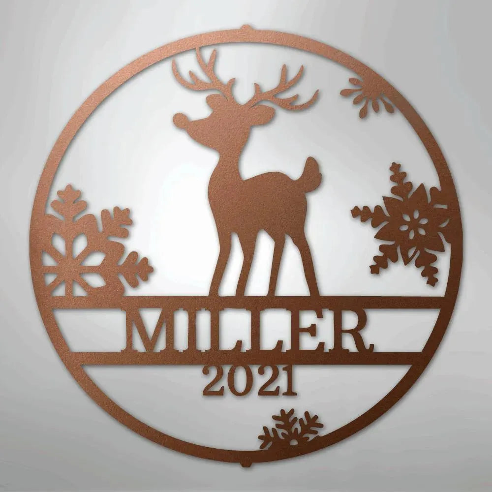 Copper metal wall art with a reindeer, snowflakes, and "MILLER 2021" custom text.