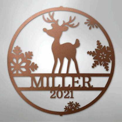 Copper metal wall art with a reindeer, snowflakes, and "MILLER 2021" custom text.