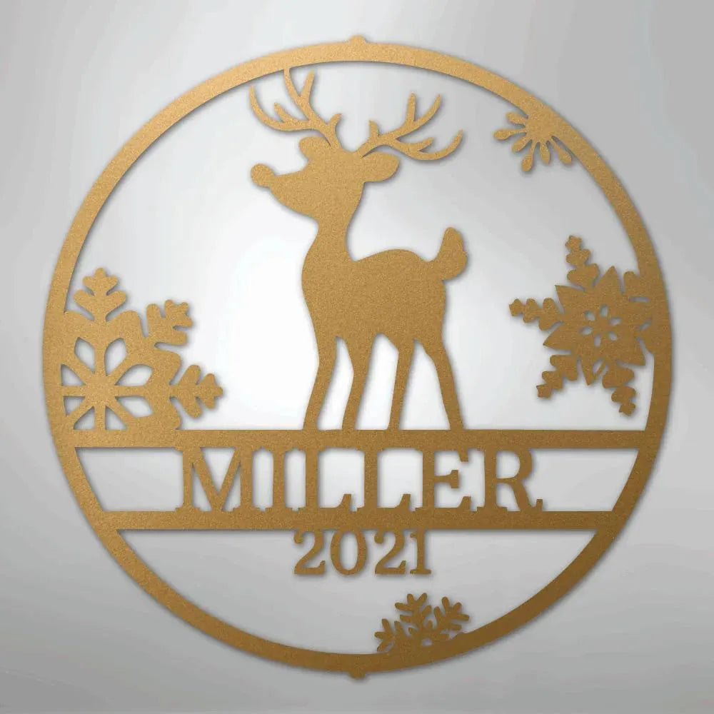 Gold metal Rudolph reindeer wall art with snowflakes, "MILLER 2021" custom text, round design.
