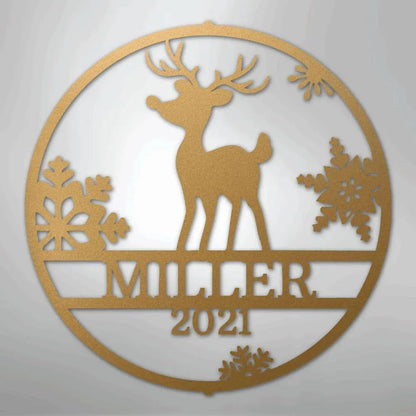 Gold metal Rudolph reindeer wall art with snowflakes, "MILLER 2021" custom text, round design.