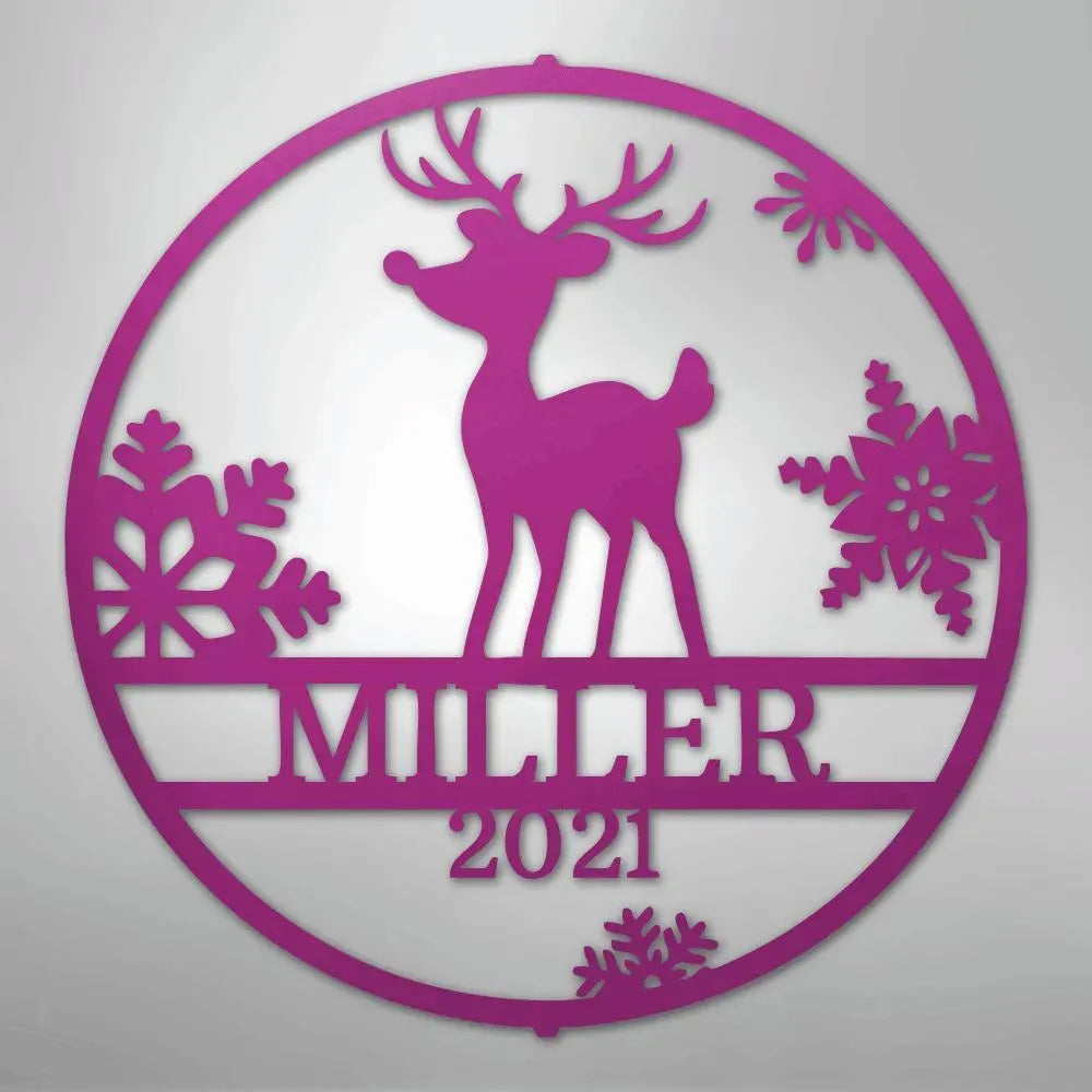 Pink metal Rudolph reindeer wall art with snowflakes, "MILLER 2021" custom text, and a circular frame.