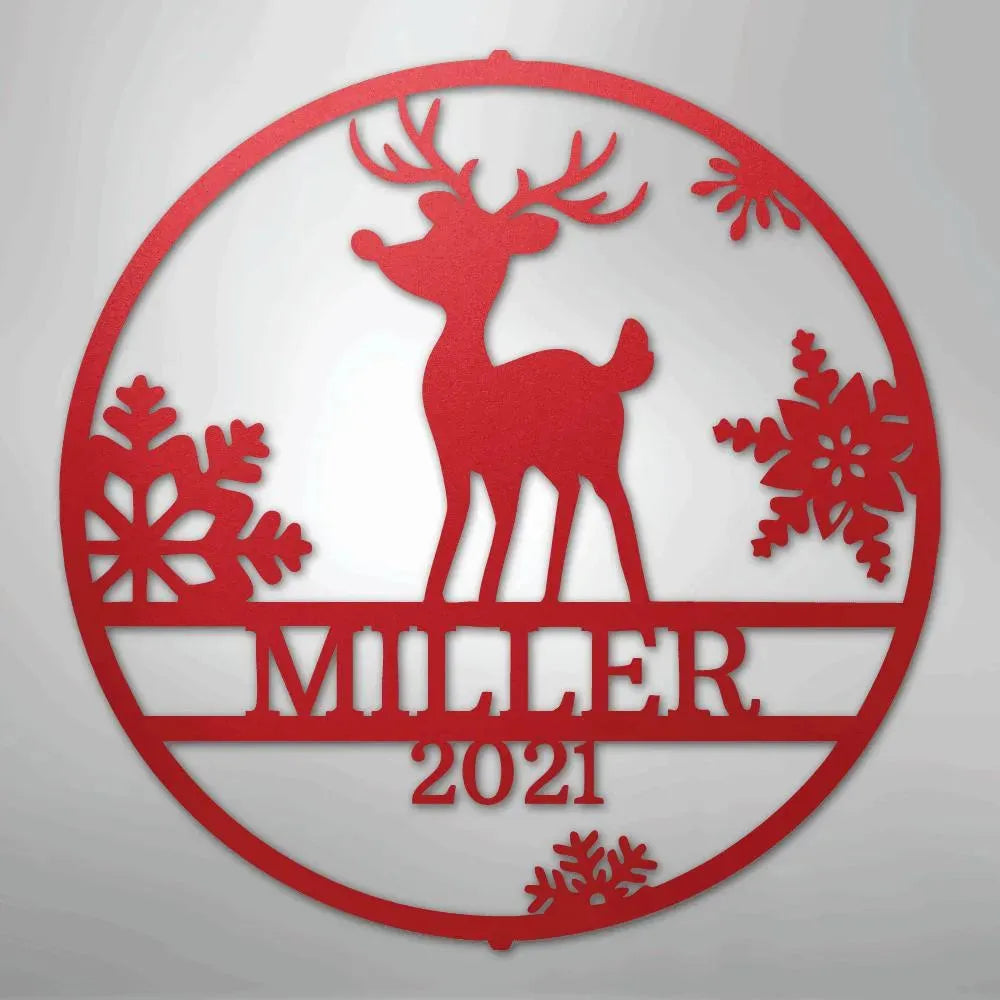 Red metal wall art: circular Rudolph reindeer with snowflakes, "MILLER 2021" custom text.