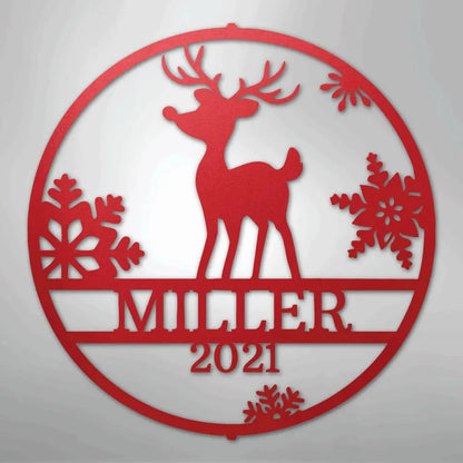 Red metal wall art: circular Rudolph reindeer with snowflakes, "MILLER 2021" custom text.
