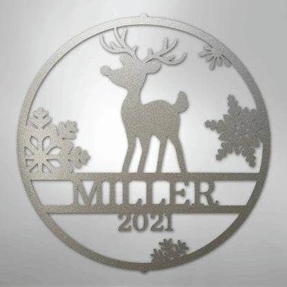 Silver metal wall art with a reindeer, snowflakes, and "MILLER 2021" custom text.