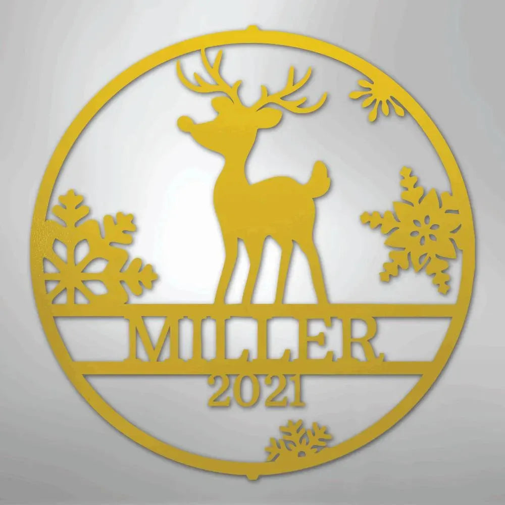Yellow metal Rudolph reindeer monogram wall art with snowflakes, "MILLER 2021" custom text.