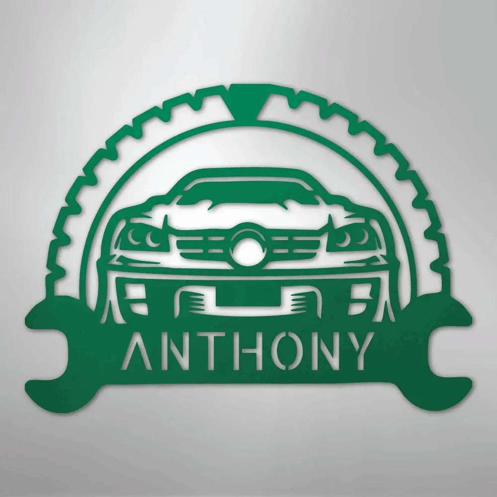 Green metal classic car monogram with custom name "ANTHONY" and gear/wrench design.