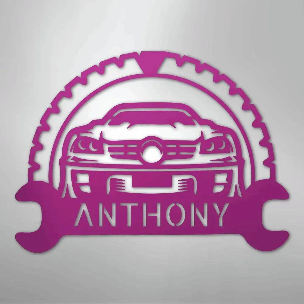 Purple metal classic car monogram with custom name "ANTHONY" and wrench/gear design.
