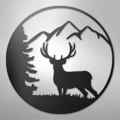 Black metal wall art featuring a graceful deer, pine tree, and mountains within a circular design.
