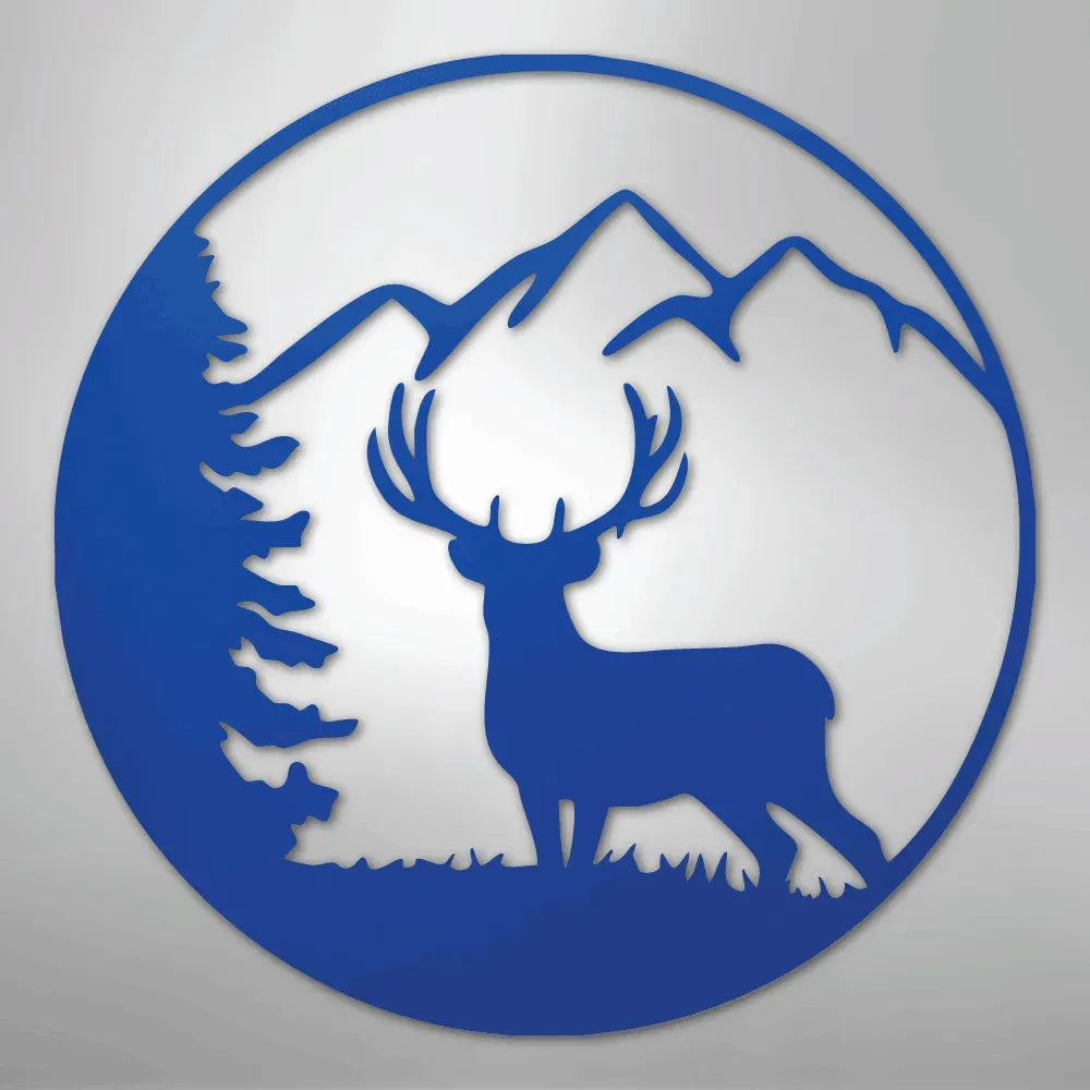 Blue metal wall art featuring a majestic deer with antlers, pine tree, and mountains in a circular design.