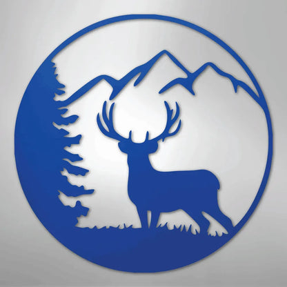 Blue metal wall art featuring a majestic deer with antlers, pine tree, and mountains in a circular design.
