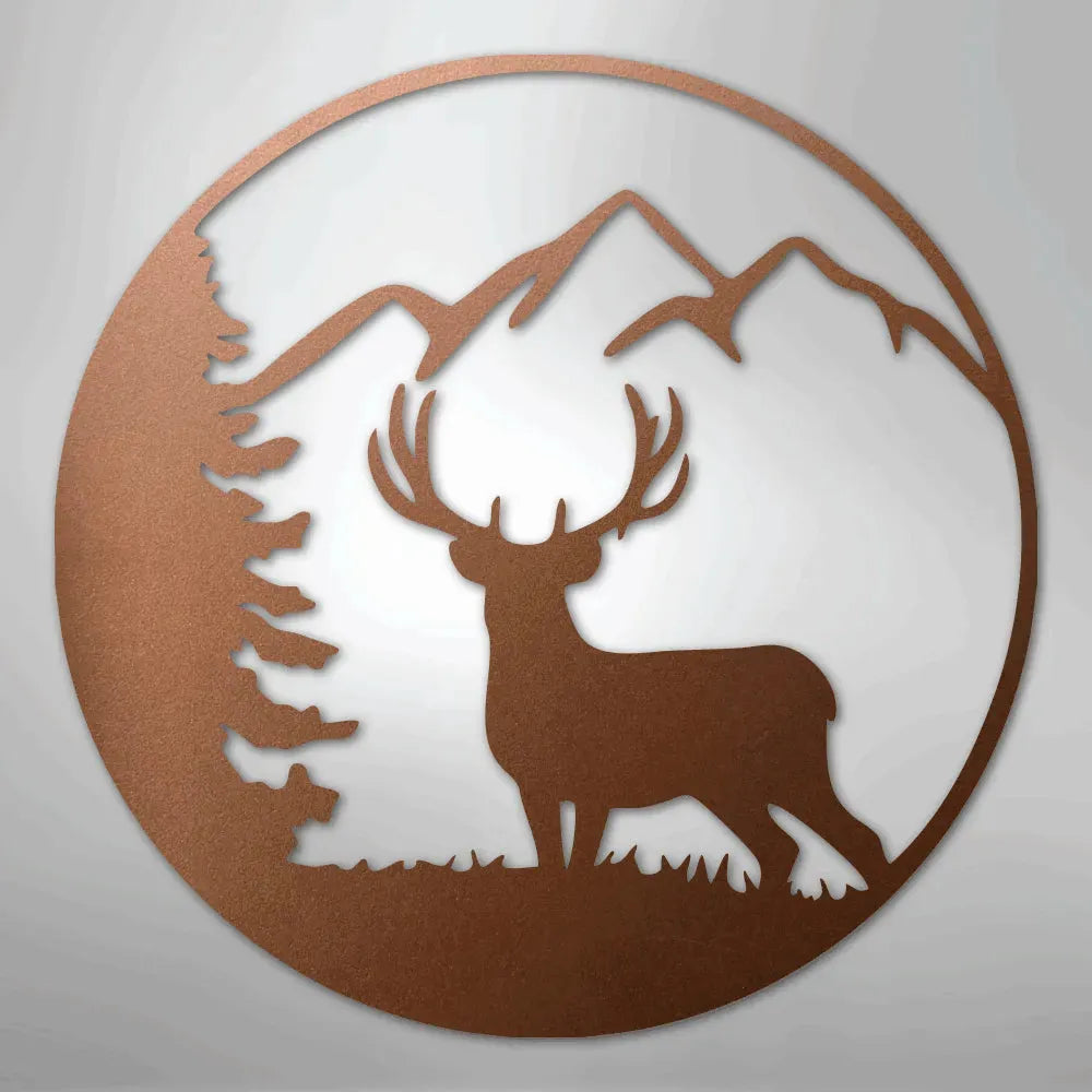 Graceful copper metal wall art featuring a deer, pine tree, and mountains in a circular design.