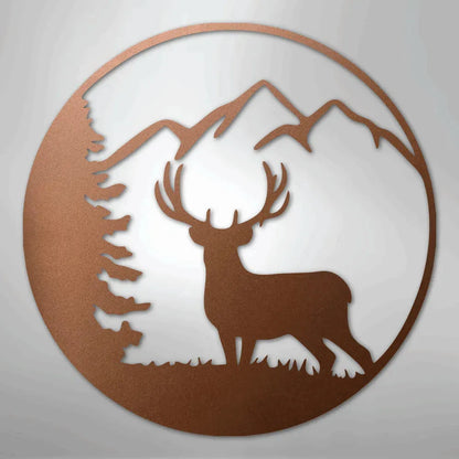 Graceful copper metal wall art featuring a deer, pine tree, and mountains in a circular design.