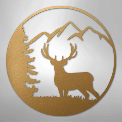 Graceful deer metal wall art in a circular design with mountains and a pine tree, in a rustic gold finish.