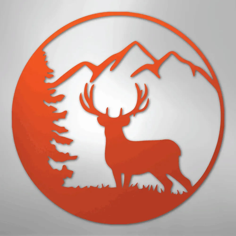 Orange metal wall art: circular deer silhouette with mountains and pine tree.