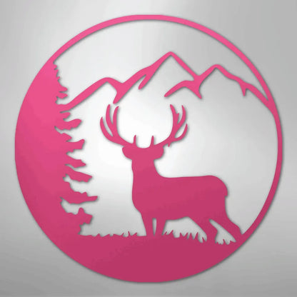 Pink metal wall art: circular deer silhouette with antlers, pine tree, and mountains.